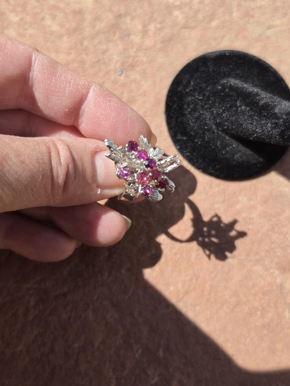Silver Floral Cluster Ring with Pink Gemstones